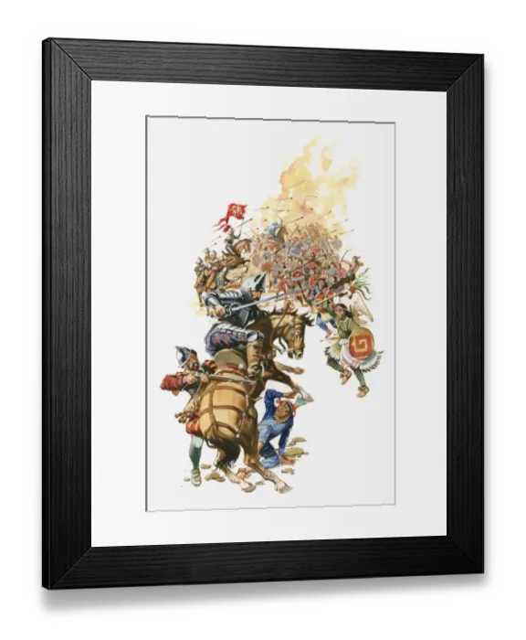 Framed Print : Illustration of siege of Tenochtitlan by Cortes and his soldiers on horseback and carrying swords to attack Aztec warriors