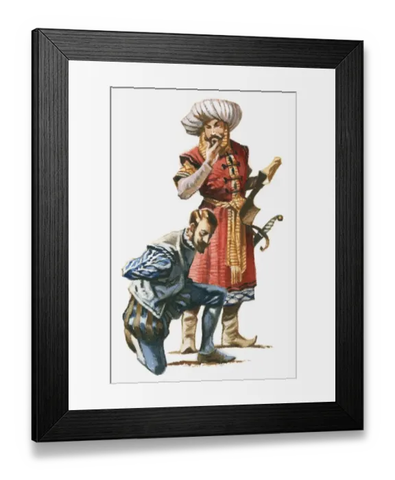 Framed Print : Illustration of Algerian corsair standing over Cervantes who is kneeling with hands tied behind back Framed Print : Illustration of Algerian corsair standing over Cervantes who is kneeling with hands tied behind back