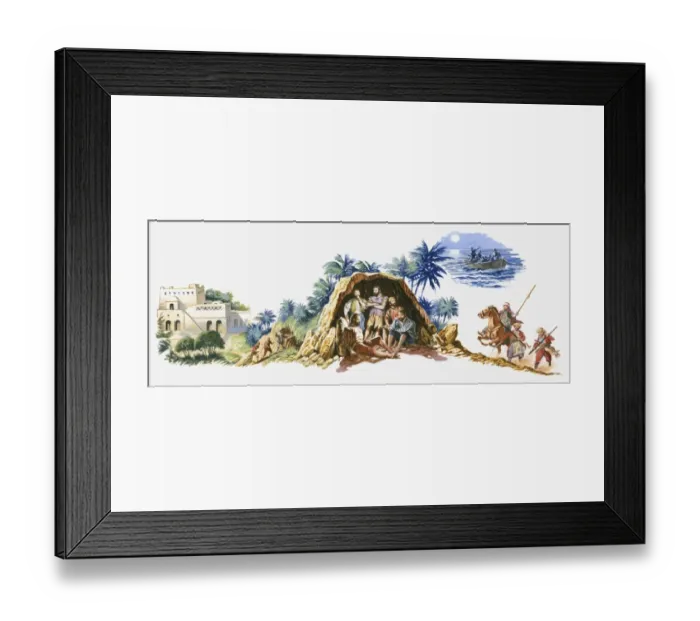 Framed Print : Illustration of Cervantes and slaves hiding in a cave as Algerian soldiers search for them on horseback and boat attempts to rescue them