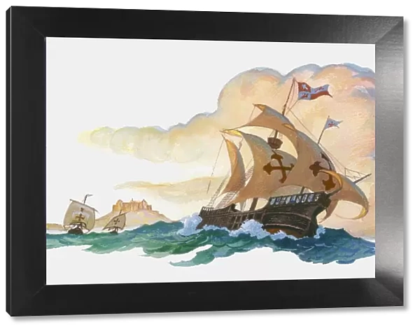 Illustration of Christopher Columbus ship Santa Maria at sea