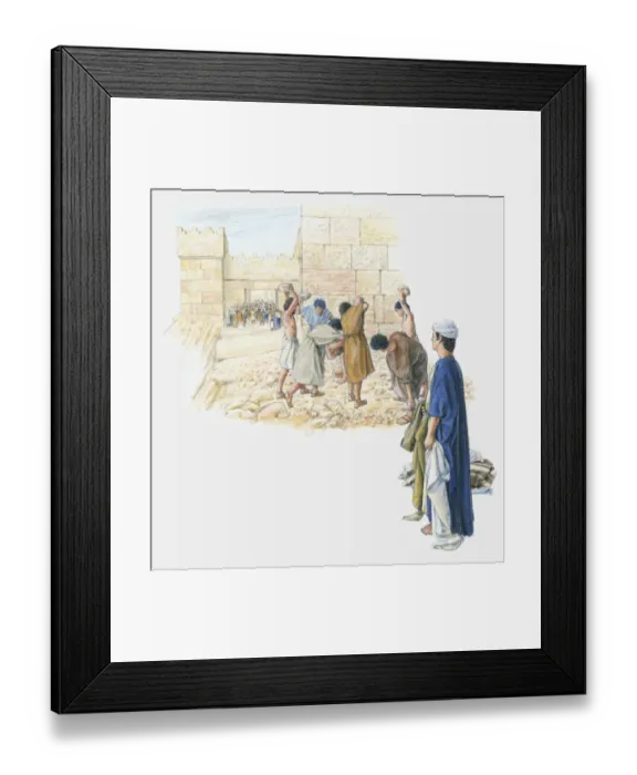 Framed Print : Illustration of accusers stoning Stephen to death within city walls as large crowd looks on Framed Print : Illustration of accusers stoning Stephen to death within city walls as large crowd looks on