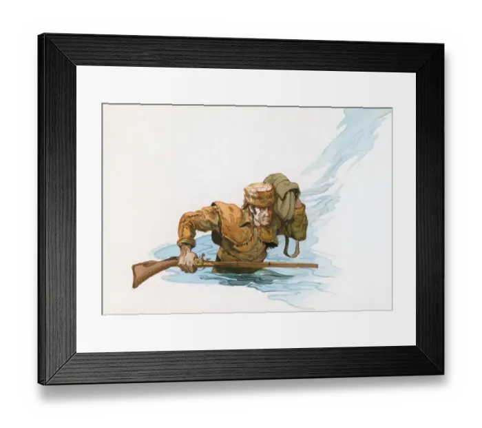 Framed Print : Illustration of Davy Crockett waist deep In river holding rifle and carrying rucksack above water Framed Print : Illustration of Davy Crockett waist deep In river holding rifle and carrying rucksack above water
