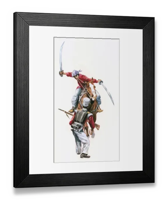Framed Print : Illustration of Rani of Jhansi on horseback attacking British soldier with swords