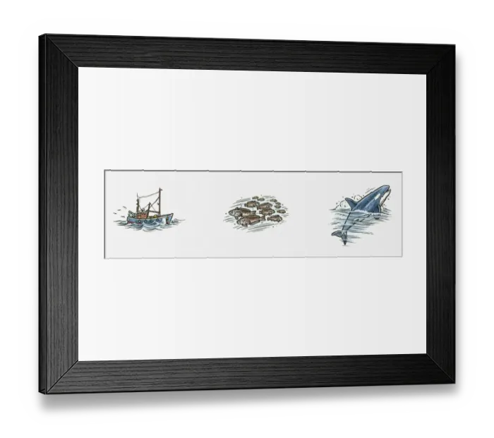 Framed Print : Illustration of a trawler, a group of tuna fish, and a dolphin Framed Print : Illustration of a trawler, a group of tuna fish, and a dolphin