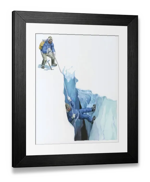 Framed Print : Illustration of Tenzig Norgay helping Edmund Hilary on their ascent to Mt Everest by securing safety rope at top of crevasse