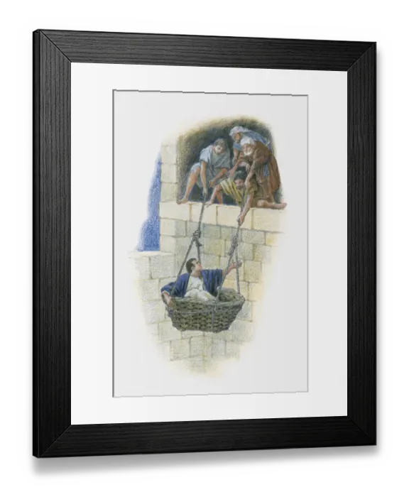 Framed Print : Illustration of Saul being lowered down side of stone building in basket by four men Framed Print : Illustration of Saul being lowered down side of stone building in basket by four men