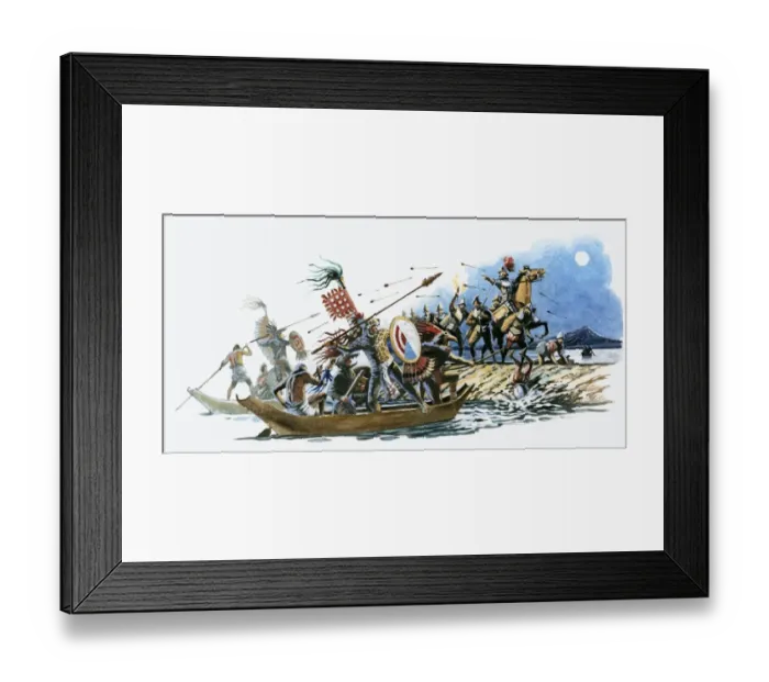 Framed Print : Illustration of Aztec warriors offshore in canoes and Cortez on land throwing spears at each other Framed Print : Illustration of Aztec warriors offshore in canoes and Cortez on land throwing spears at each other