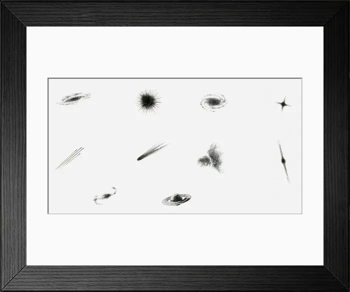 Framed Print : Black and white illustration of planets, stars, comets Framed Print : Black and white illustration of planets, stars, comets