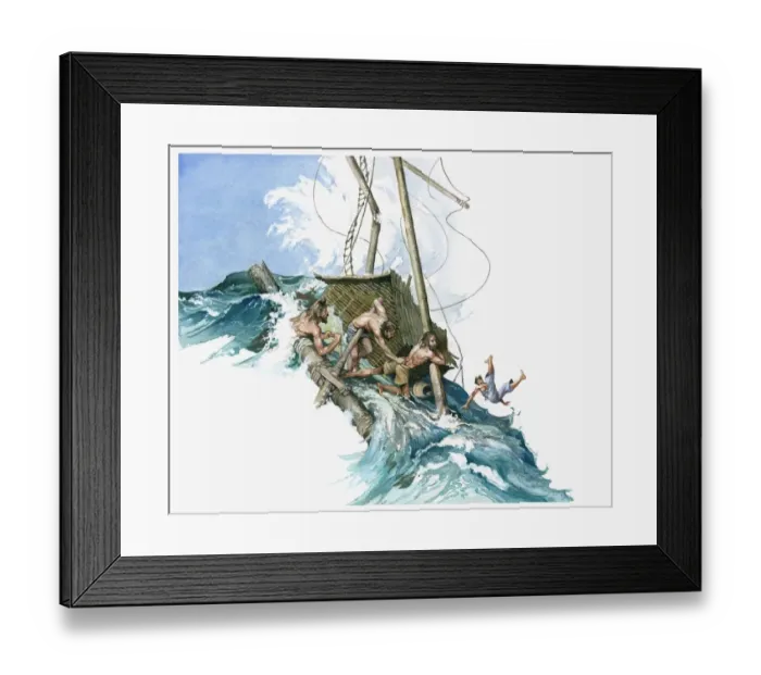 Framed Print : Illustration of Kon-Tiki crew gripping raft as huge wave from storm threatens to submerge them in water as man falls into sea Framed Print : Illustration of Kon-Tiki crew gripping raft as huge wave from storm threatens to submerge them in water as man falls into sea