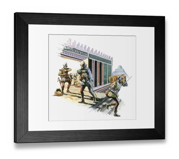 Framed Print : Illustration of Cortes and soldiers leaving city of Tenochtitlan as others loot gold Framed Print : Illustration of Cortes and soldiers leaving city of Tenochtitlan as others loot gold