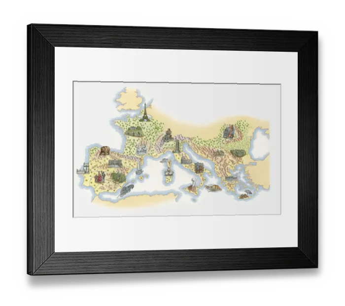 Framed Print : Illustrated map of France, Southern and Southeastern Europe Framed Print : Illustrated map of France, Southern and Southeastern Europe