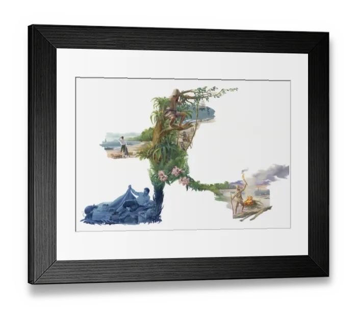Framed Print : Series of illustrations of castaway Alexander Selkirk in isolated jungle home, rats attacking him at night, and fire used as rescue signal Framed Print : Series of illustrations of castaway Alexander Selkirk in isolated jungle home, rats attacking him at night, and fire used as rescue signal