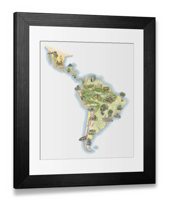 Framed Print : Illustrated map of Central and Southern America Framed Print : Illustrated map of Central and Southern America
