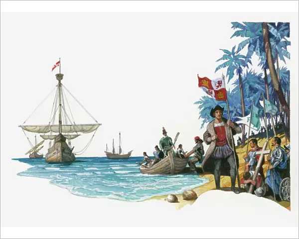 Illustration of Christopher Columbus with boats Santa Maria, Pinta and Nina arriving on island with royal banner and cross