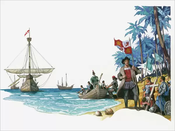 Illustration of Christopher Columbus with boats Santa Maria, Pinta and Nina arriving on island with royal banner and cross