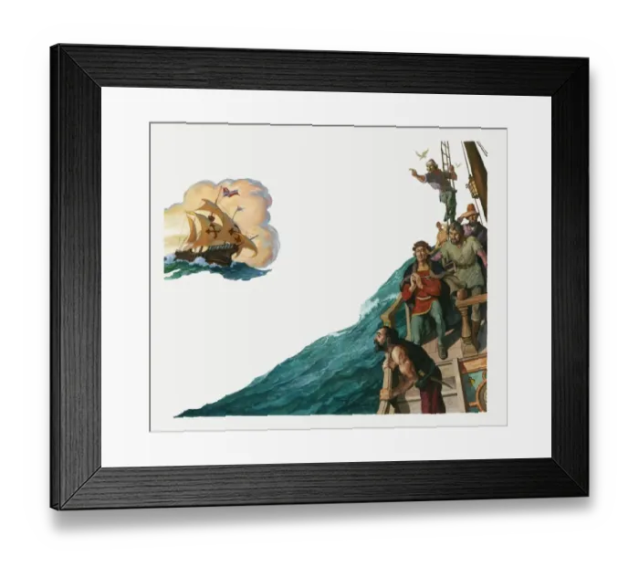 Framed Print : Illustration of Christopher Columbus in the Santa Maria ship and his crew looking for land Framed Print : Illustration of Christopher Columbus in the Santa Maria ship and his crew looking for land