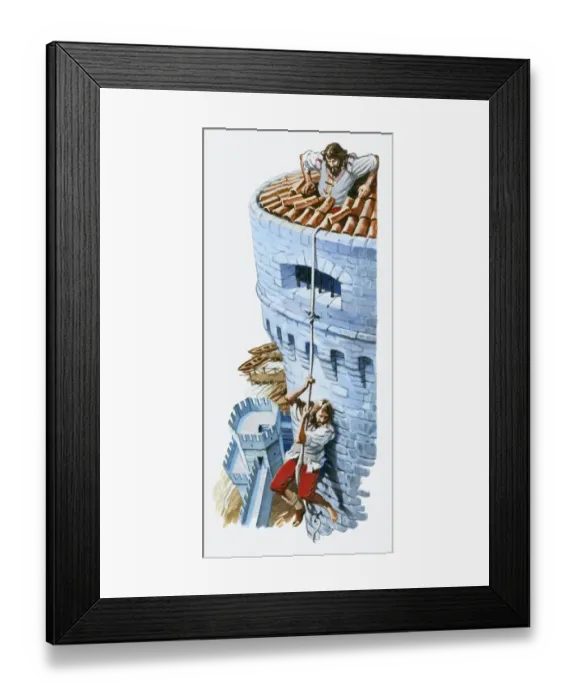 Framed Print : Illustration of Cellini escaping from Roman fortress prison using rope made from tied sheets Framed Print : Illustration of Cellini escaping from Roman fortress prison using rope made from tied sheets