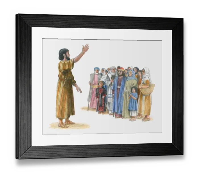 Framed Print : Illustration of Peter preaching to group of people with one arm raised Framed Print : Illustration of Peter preaching to group of people with one arm raised