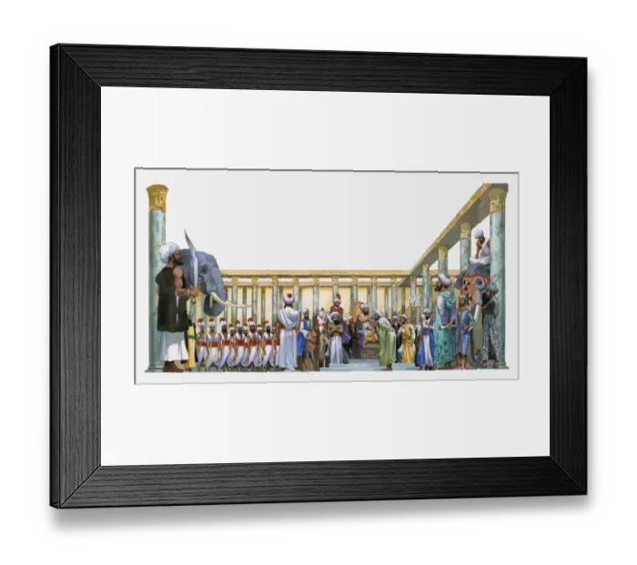 Framed Print : Illustration of Sultan in Hall of One Thousand Pillars with elephants, soldiers and guards Framed Print : Illustration of Sultan in Hall of One Thousand Pillars with elephants, soldiers and guards