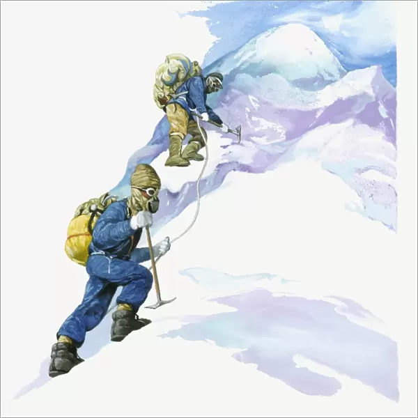 Illustration of Sir Edmund Hillary and Tenzig climbing Mt. Everest wearing oxygen masks