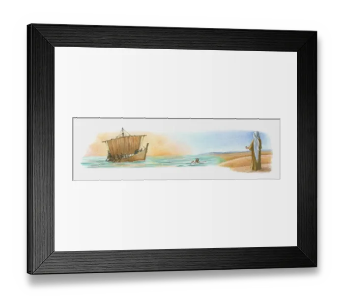 Framed Print : Illustration of Jesus standing on sand as ship and man in water approach shore