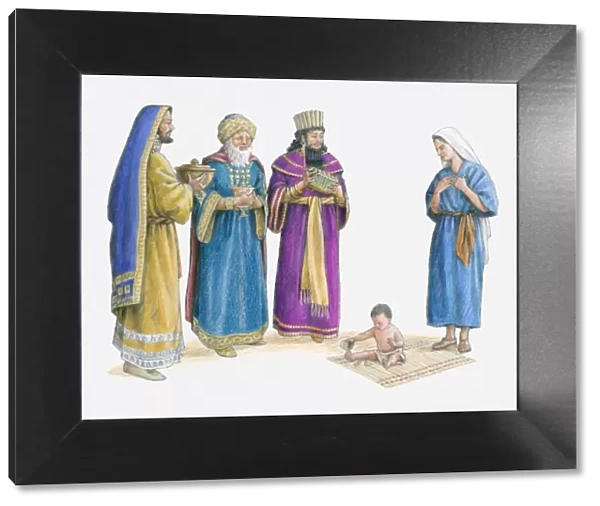 Illustration of the three wise men bearing gifts see Jesus in Marys house