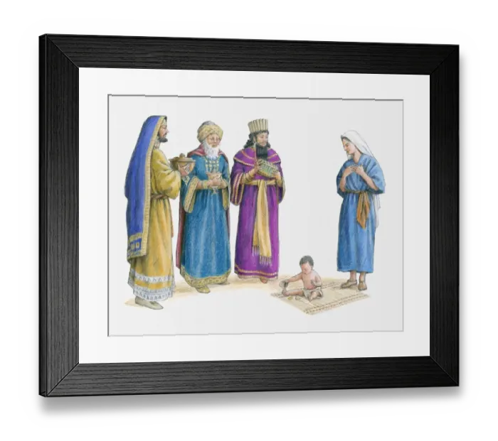 Framed Print : Illustration of the three wise men bearing gifts see Jesus in Marys house Framed Print : Illustration of the three wise men bearing gifts see Jesus in Marys house