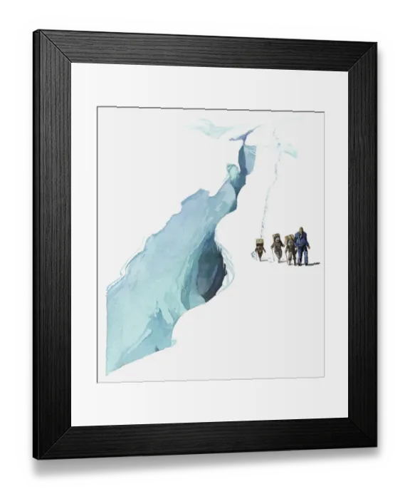 Framed Print : Illustration of Sir Edmund Hillary using Sherpas to carry supplies near crevasse Framed Print : Illustration of Sir Edmund Hillary using Sherpas to carry supplies near crevasse