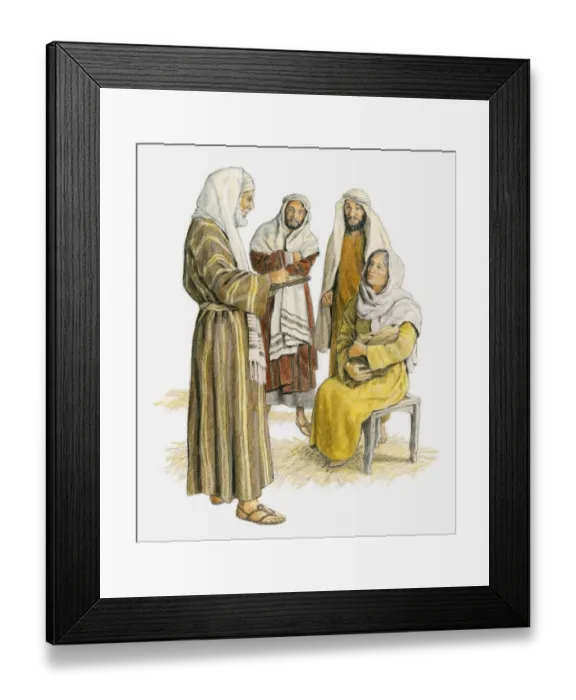 Framed Print : Illustration of Zechariah standing in front of a seated Elizabeth who is holding her baby, and writing on tablet because he is still unable to speak Framed Print : Illustration of Zechariah standing in front of a seated Elizabeth who is holding her baby, and writing on tablet because he is still unable to speak