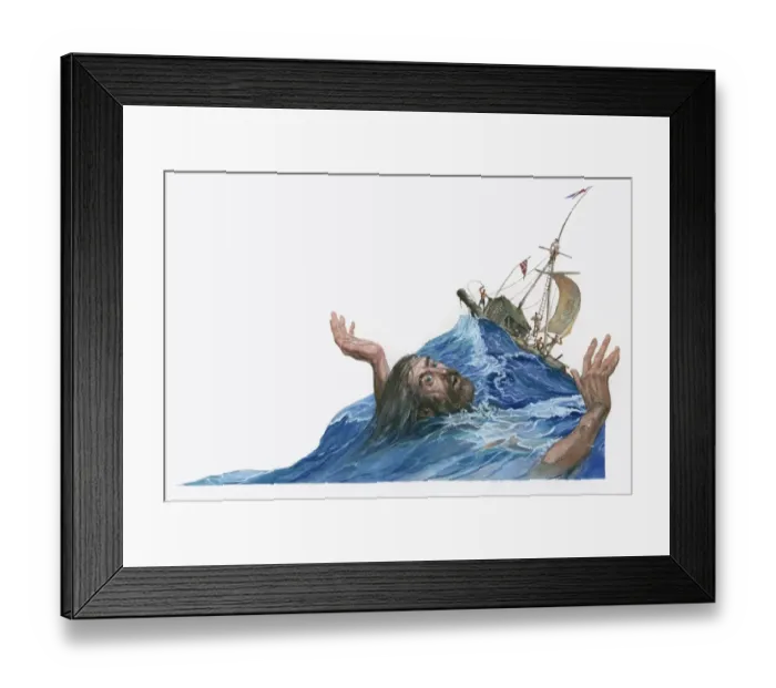 Framed Print : Illustration of Herman Watzinger almost drowning in rough sea near Kon-Tiki raft Framed Print : Illustration of Herman Watzinger almost drowning in rough sea near Kon-Tiki raft