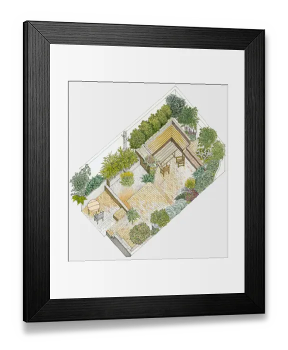 Framed Print : Illustration of a garden containing paved and gravelled areas, tables, chairs and benches, surrounded by plants Framed Print : Illustration of a garden containing paved and gravelled areas, tables, chairs and benches, surrounded by plants