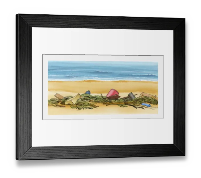 Framed Print : Illustration of rubbish washed up on beach with seaweed Framed Print : Illustration of rubbish washed up on beach with seaweed