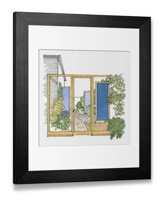 Framed Print : Illustration of paved garden sheltered from wind by timber and glass screens