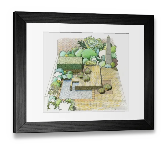 Framed Print : Illustration of a walled, paved patio garden with pond and sculptural feature Framed Print : Illustration of a walled, paved patio garden with pond and sculptural feature