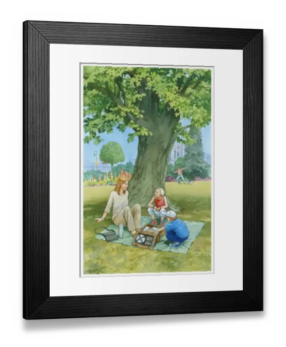Framed Print : Illustration of woman and two children sitting on picnic blanket in urban park