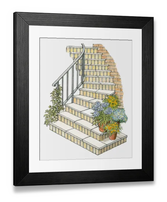 Framed Print : Illustration of steps decorated with flower pots and ivy growing on handrail Framed Print : Illustration of steps decorated with flower pots and ivy growing on handrail