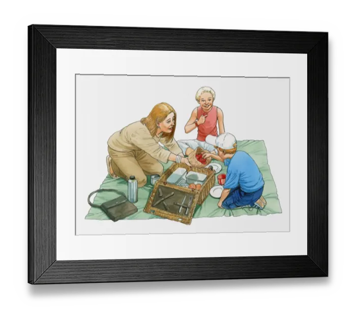 Framed Print : Illustration of woman and two children sitting on picnic blanket, boy taking a fruit from paper bag held by the woman Framed Print : Illustration of woman and two children sitting on picnic blanket, boy taking a fruit from paper bag held by the woman