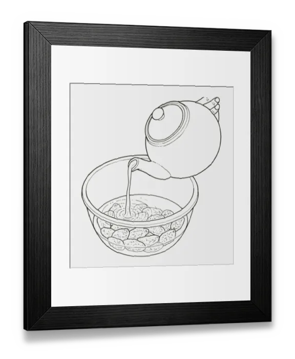 Framed Print : Black and white illustration of water being poured onto dried fruit in a bowl, to soak Framed Print : Black and white illustration of water being poured onto dried fruit in a bowl, to soak