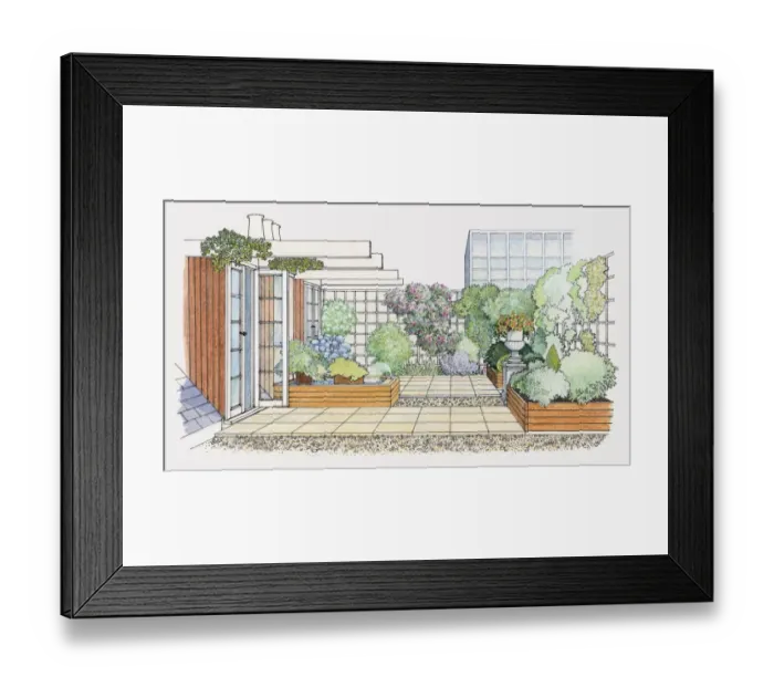 Framed Print : Illustration of a roof garden with water feature, raised flowerbeds, and trellises