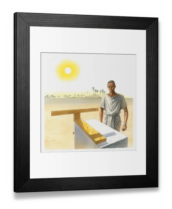 Framed Print : Illustration of man standing next to a t-shaped sundial, Ancient Egypt Framed Print : Illustration of man standing next to a t-shaped sundial, Ancient Egypt