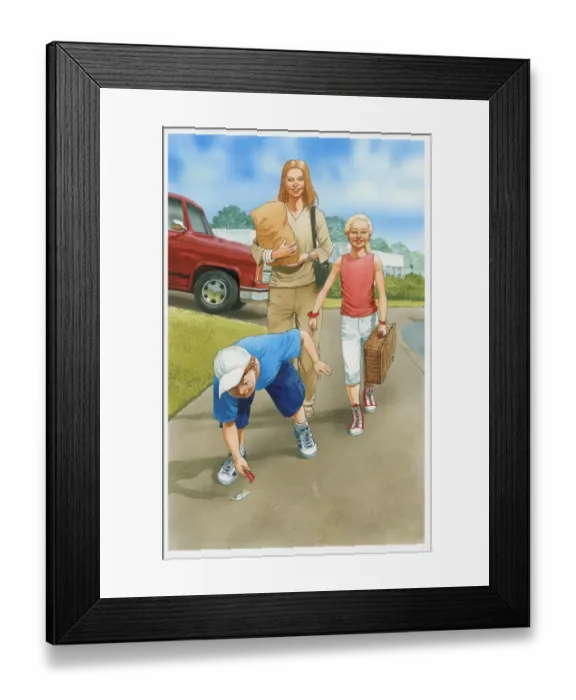 Framed Print : Illustration of woman and two children walking up a pavement, woman carrying brown paper bag, girl carrying suitcase, and boy picking up litter off the ground Framed Print : Illustration of woman and two children walking up a pavement, woman carrying brown paper bag, girl carrying suitcase, and boy picking up litter off the ground