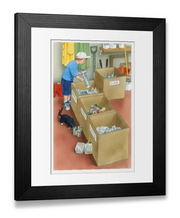 Framed Print : Illustration of boy placing newspaper in paper container, various other recycling containers nearby
