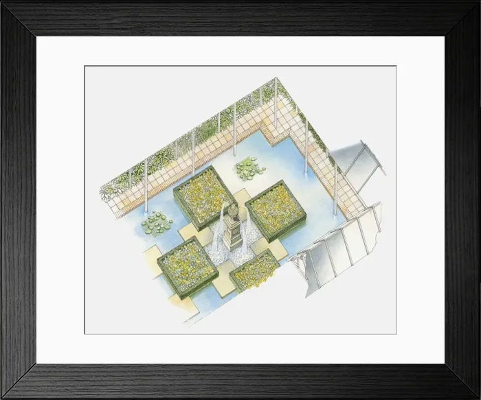Framed Print : Illustration of a water feature consisting of fountain, square flower beds, and man-made pond Framed Print : Illustration of a water feature consisting of fountain, square flower beds, and man-made pond