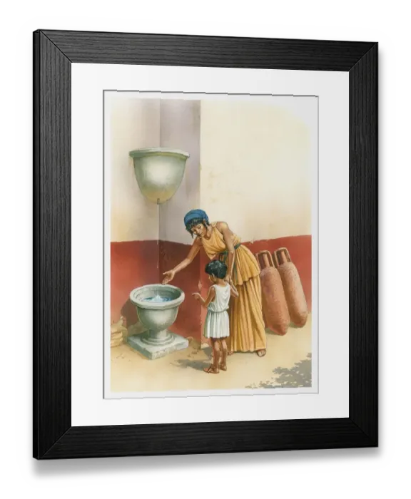 Framed Print : Illustration of woman and boy standing in front of a water clock as used in Ancient Greece Framed Print : Illustration of woman and boy standing in front of a water clock as used in Ancient Greece