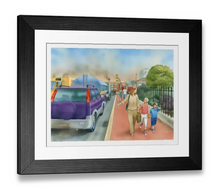 Framed Print : Illustration of woman and two children walking on pavement along street full of cars and trucks with fumes clouding the sky Framed Print : Illustration of woman and two children walking on pavement along street full of cars and trucks with fumes clouding the sky