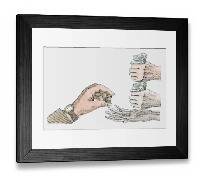 Framed Print : Hand holding coins above another persons open palm, other hands clasping banknotes