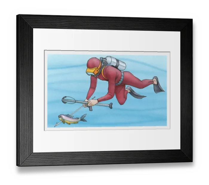Framed Print : Illustration of diver spear fishing underwater Framed Print : Illustration of diver spear fishing underwater