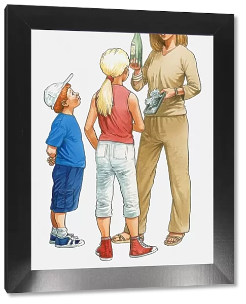 Illustration of woman showing glass bottle and plastic packaging to boy and girl