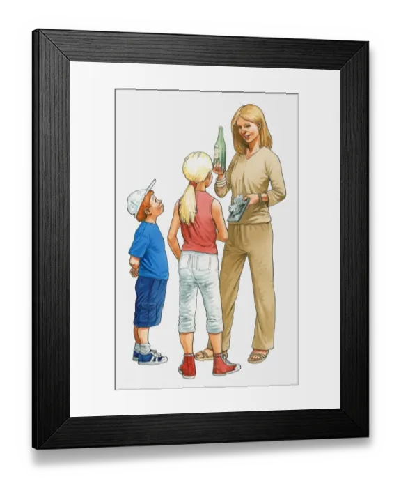 Framed Print : Illustration of woman showing glass bottle and plastic packaging to boy and girl Framed Print : Illustration of woman showing glass bottle and plastic packaging to boy and girl