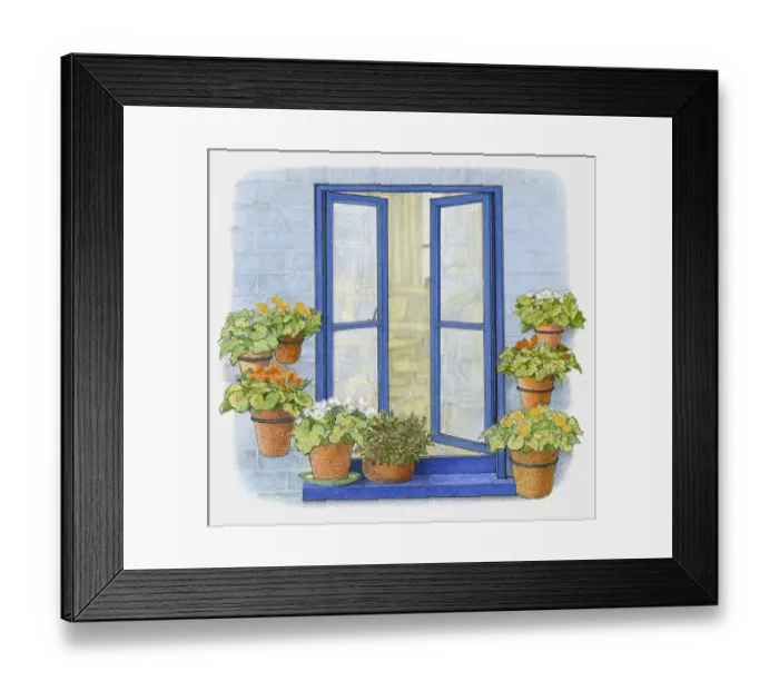 Framed Print : Illustration of flower pots on windowsill and in metal hoops on wall outside window Framed Print : Illustration of flower pots on windowsill and in metal hoops on wall outside window